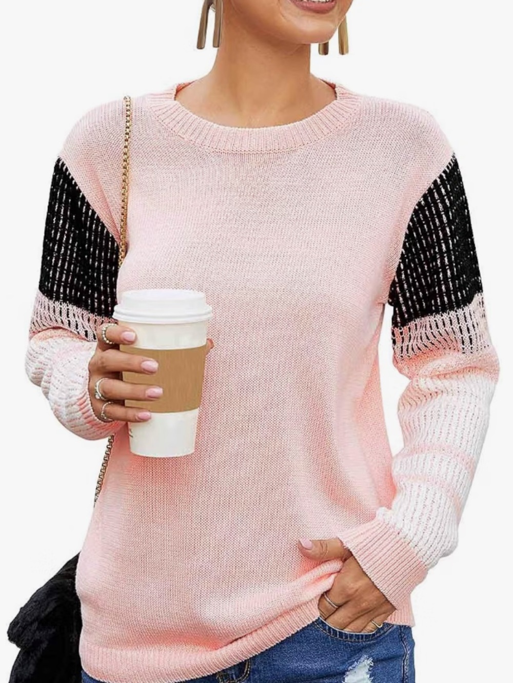 Women's Pink Colorblock Crewneck Sweater with Black & White Sleeves